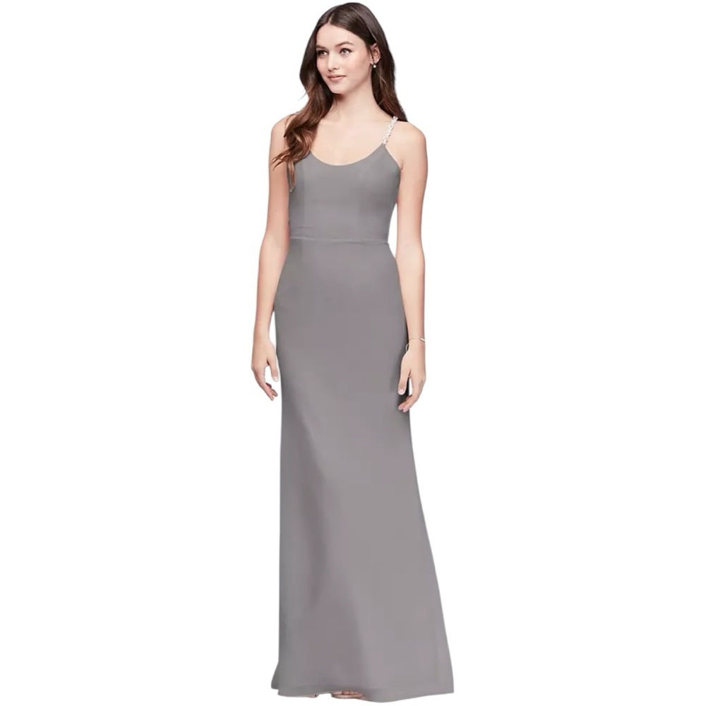 Elegant Gray Chiffon Sheath Bridesmaids Dress with Beaded Straps - Size 10!!